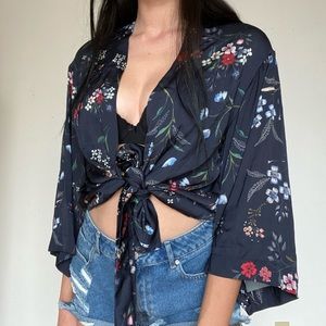 Navy Floral Tie Front Flowy Top